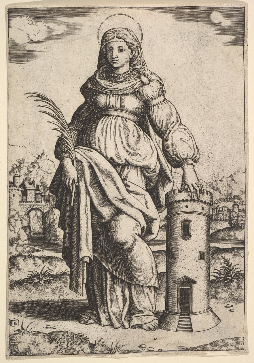 Den hellige Barbara står med håndflaten i høyre hånd og hviler venstre hånd på et tårn, 1530-60. av Master of the Die
