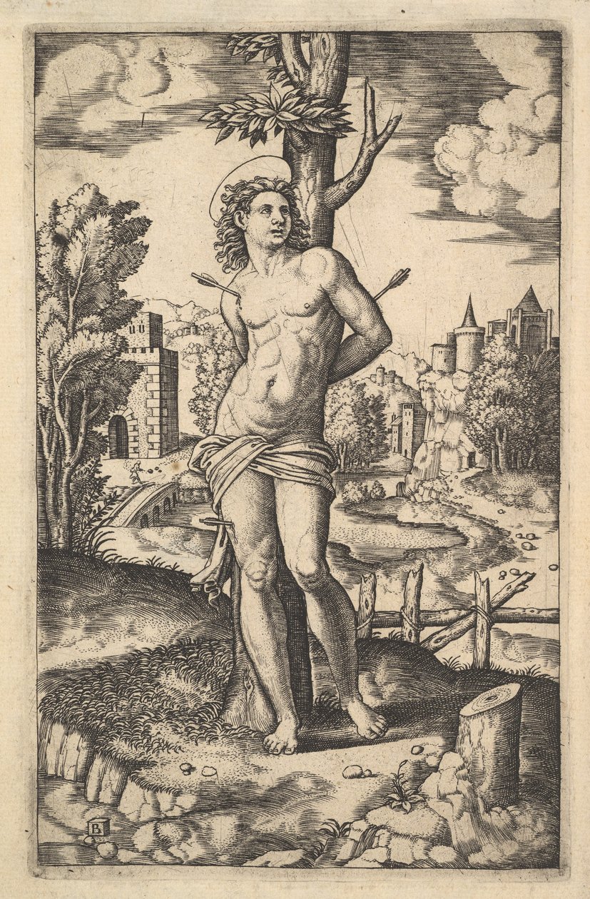 Saint Sebastian bundet til et tre gjennomboret av piler, 1530-60. av Master of the Die