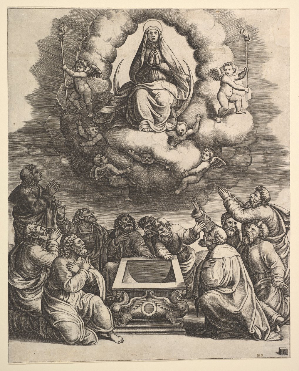 The Assumption of the Virgin, under apostlene omgir graven, 1530-60. av Master of the Die