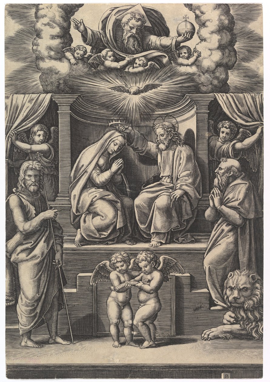 Jomfruens kroning, nederst til venstre står døperen Johannes, nede til høyre ..., 1530-60. av Master of the Die