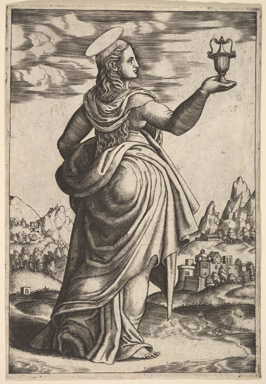 Magdalene står vendt mot høyre, krukke holdt i sin løftede høyre hånd, 1530-60. av Master of the Die