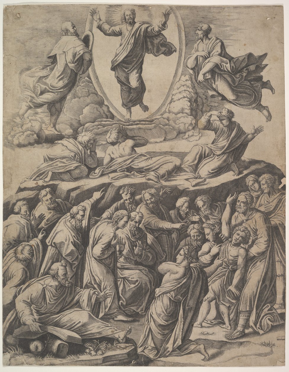 Kristi forvandling som vises øverst i midten, under ham forskjellige skikkelser inkludert, 1530-60. av Master of the Die