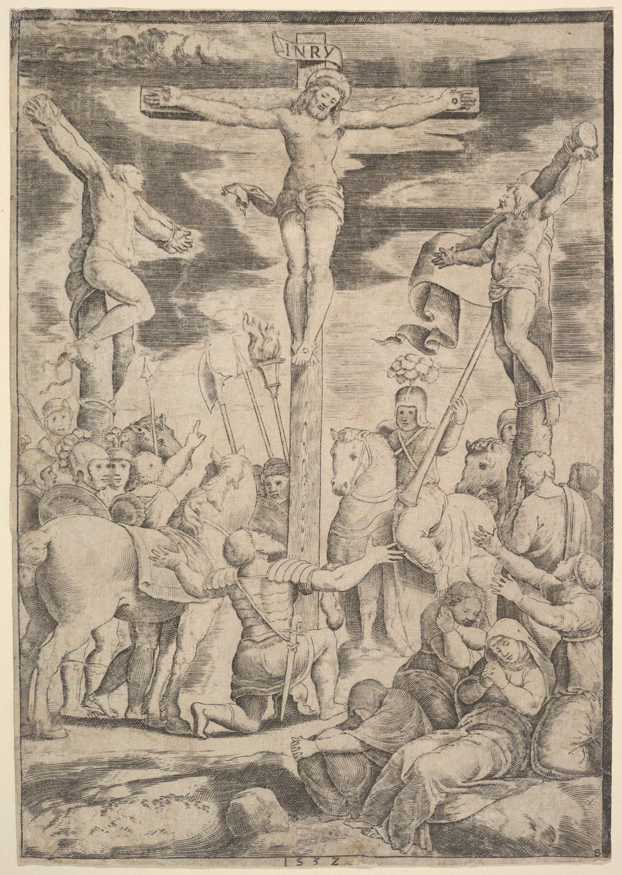 Omvendelsen av centurionen som slår armene åpne foran Kristus på korset, 1532. av Master of the Die