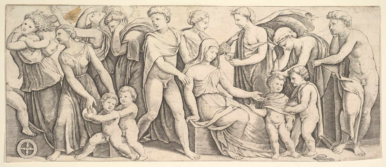 Bryllupet til Jason og Creusa, til venstre Medea tar barna hennes, 1530-60. av Master of the Die