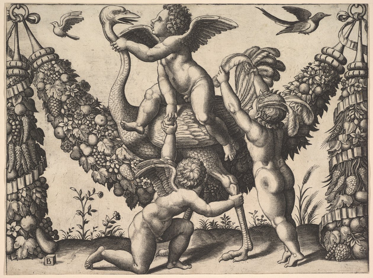 Tre putti foran en stor krans, den i midten rir på en struts, fra en ..., ca. 1530-40. av Master of the Die