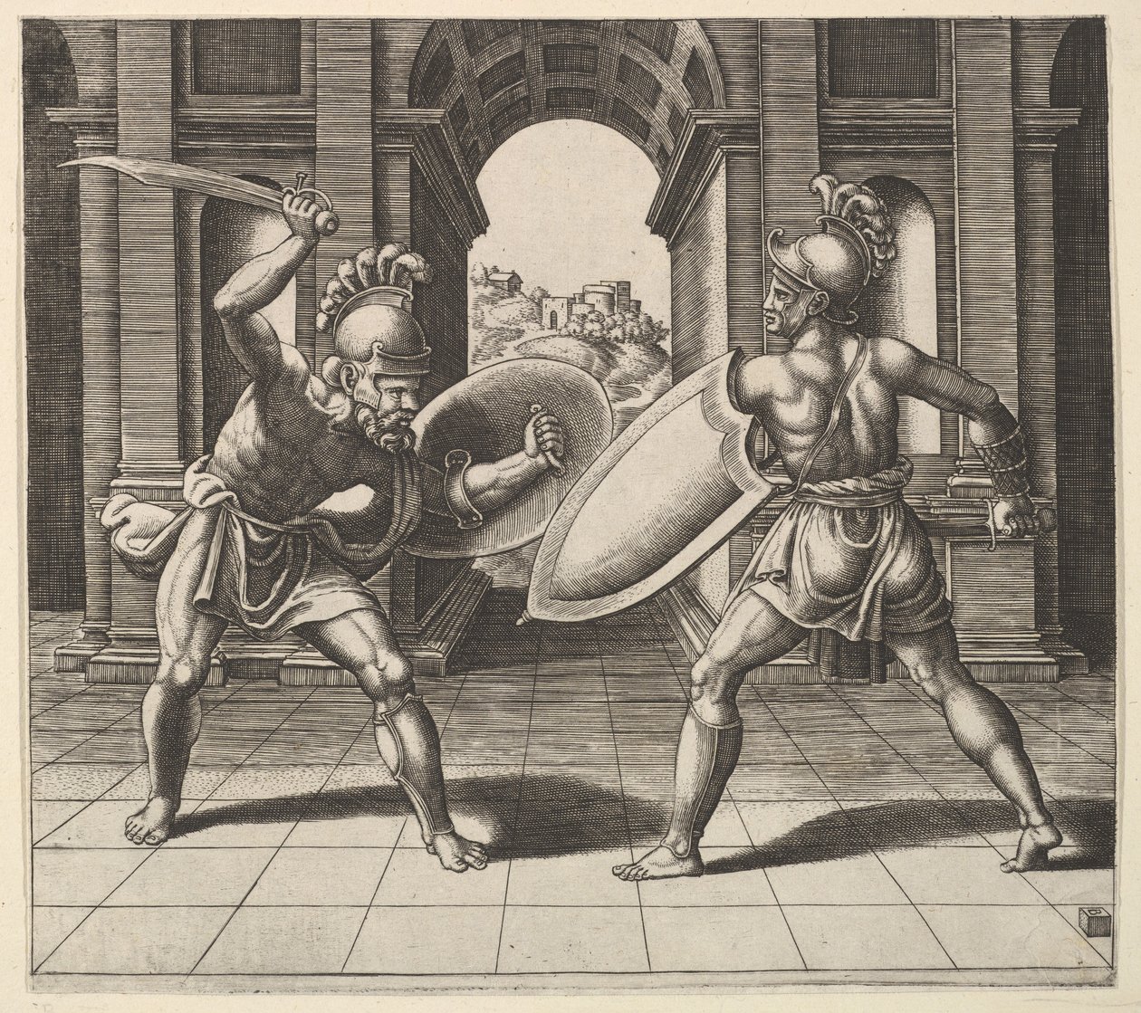 To gladiatorer som kjemper foran en bue, 1530-60. av Master of the Die