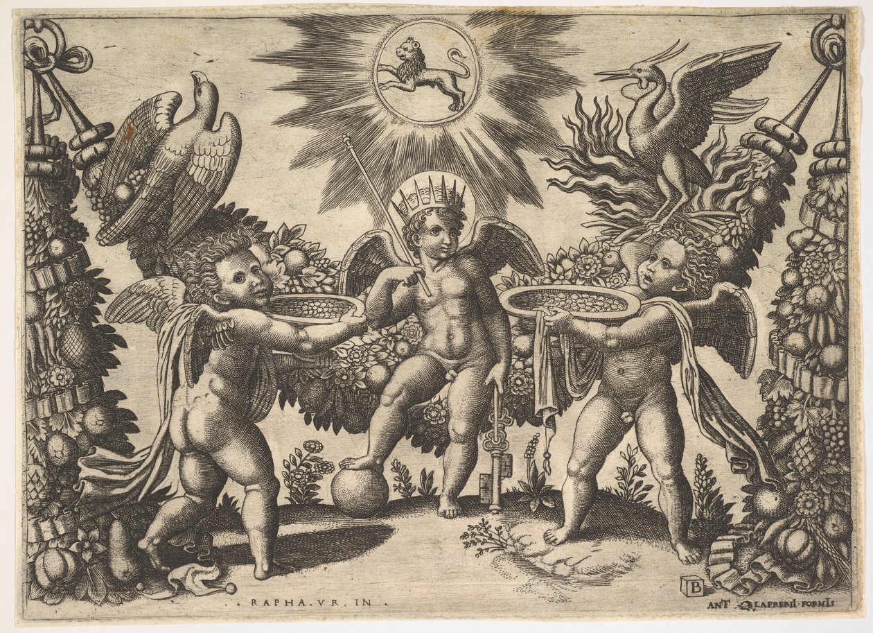 To putti presenterer kopper fulle av gull til en putto i skikkelse av rikdommens gud..., ca. 1530-40. av Master of the Die