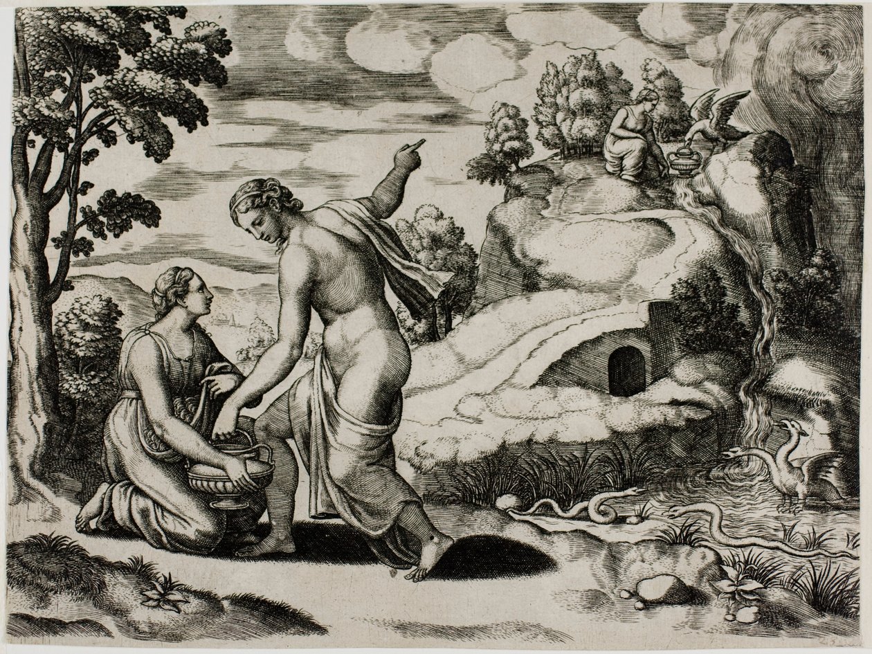 Venus beordrer Psyche til å søke vann fra en fontene bevoktet av drager av Master of the Die