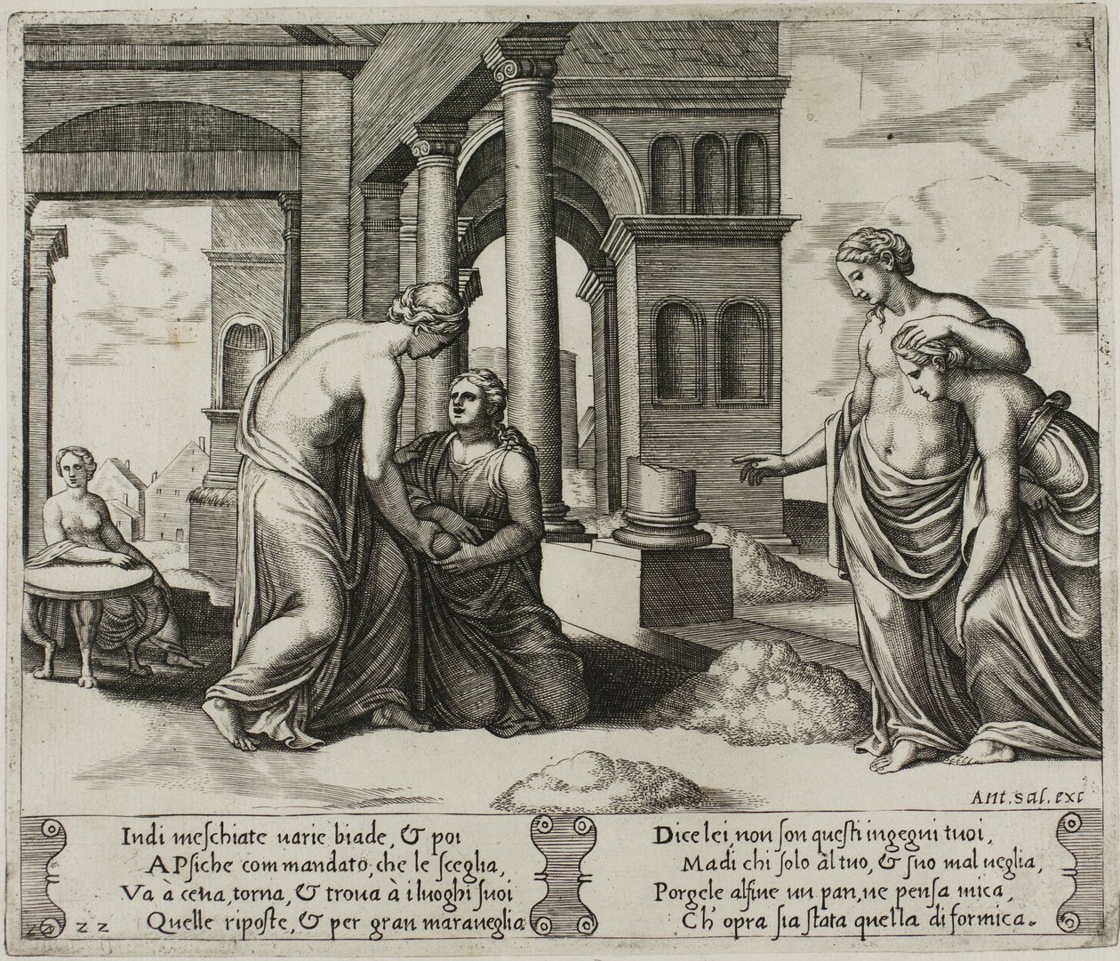 Venus beordrer Psyche til å sortere en haug med korn av Master of the Die