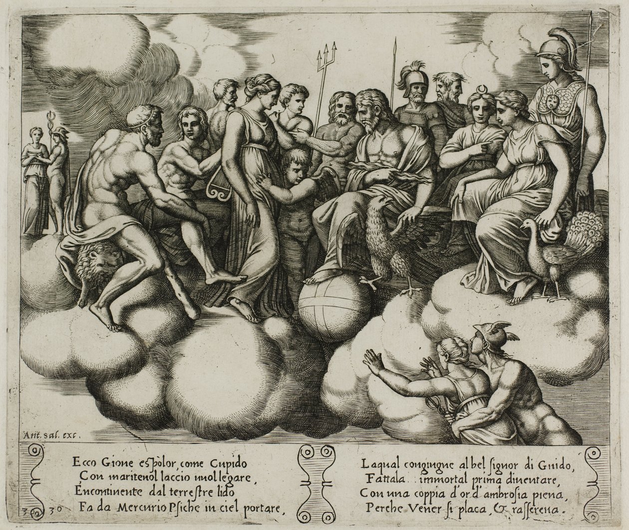 Venus og Amor ber om sin sak i nærvær av Jupiter og andre guder av Master of the Die