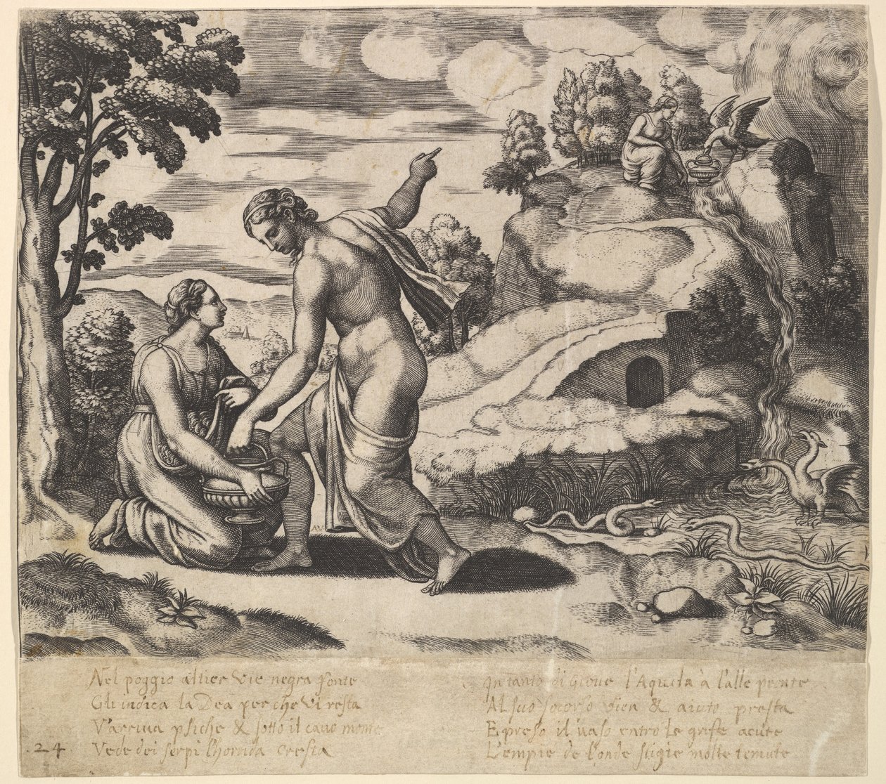 Venus beordret Psyche til å ta vann fra en fontene bevoktet av drager, fra 