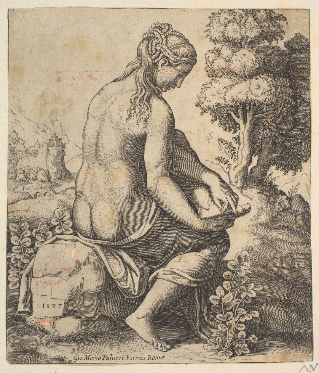 Venus fjerner en torn fra foten hennes, 1532. av Master of the Die