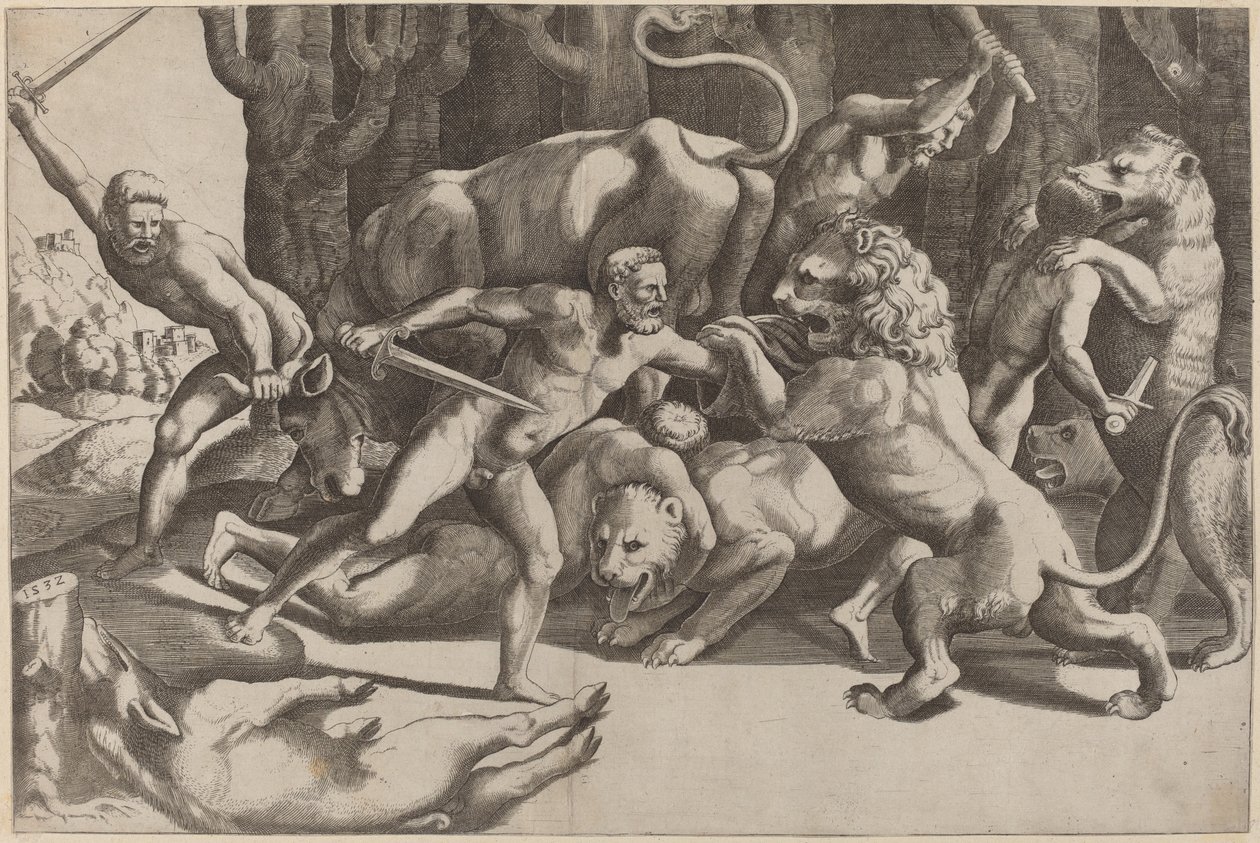 Fem menn som kjemper mot beist av Master of the Die after Giulio Romano