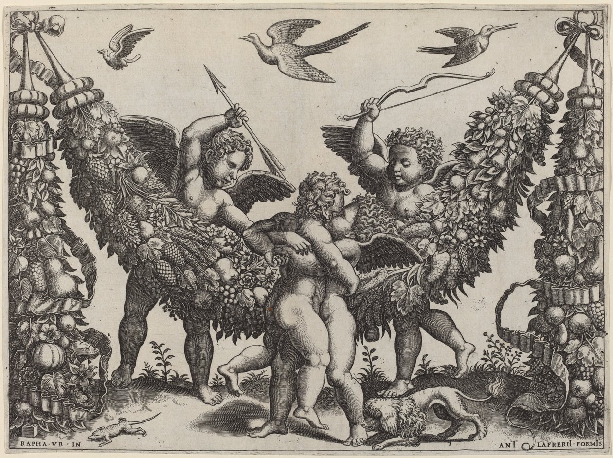 To Putti ... slår en annen som klemmer et barn av Master of the Die after Raphael