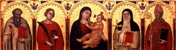 Madonna og barn med hellige (tempera på panel) av Master of the Dominican Effigies
