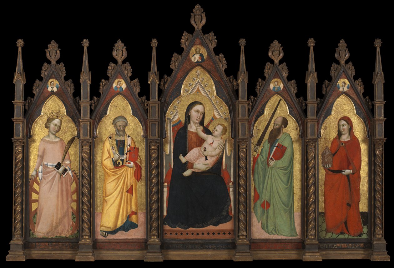 Polyptych - Jomfru og barn tronet med fire hellige av Master of the Dominican Effigies