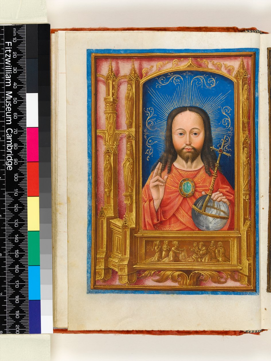 Opplyst manuskript. Timebok, folio 13 verso: Salve sancta facies, Kristus som Salvator mundi med kule og velsignelse, arkitektonisk grense med helgener i nisjer og St Veronica med Vernicle, 1510 av Master of the Dresden Prayer Book
