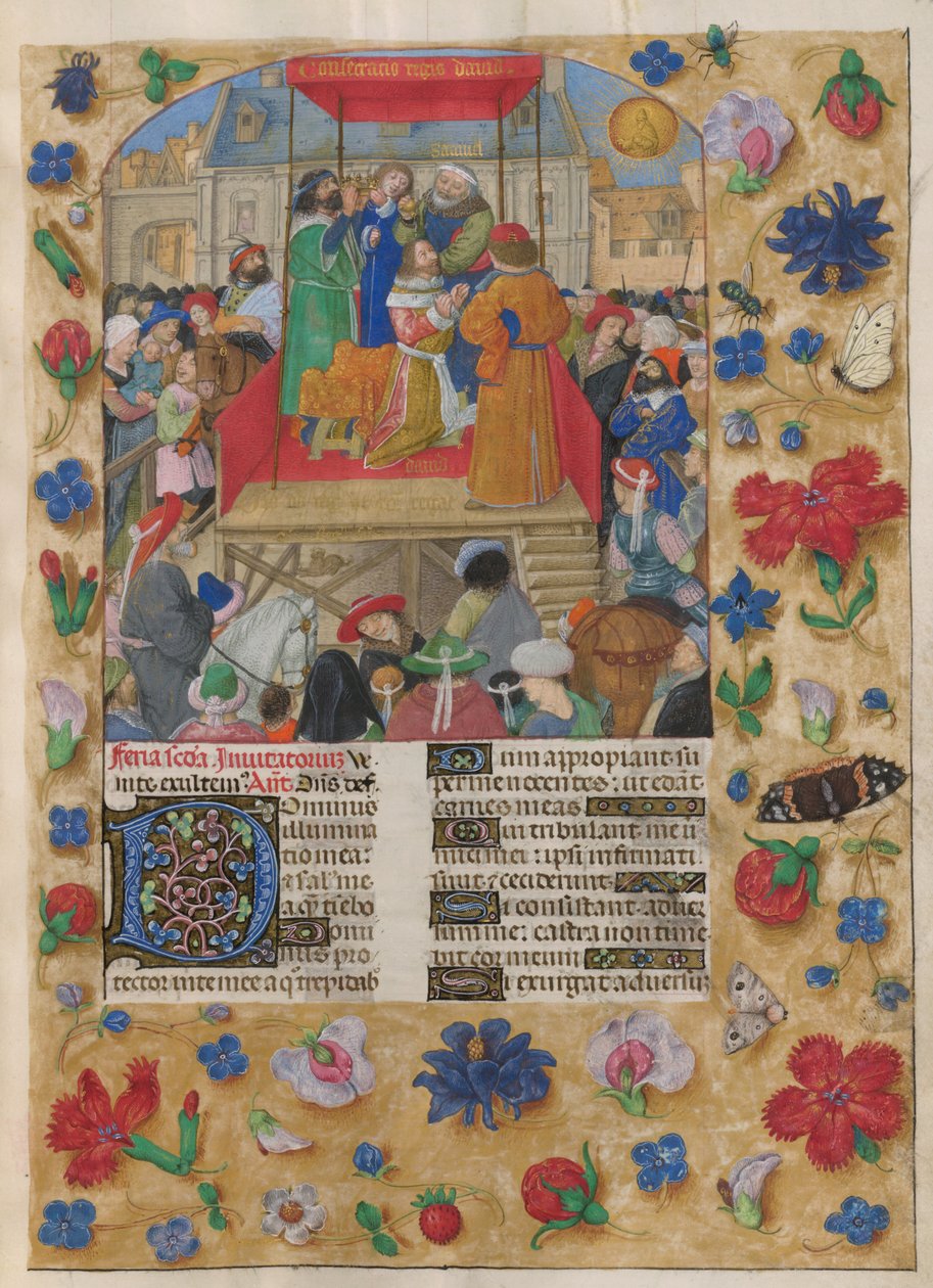 David kronet Israels konge. Salmen. Saul salver David og kroningen av David til Israels konge. Salme 26, som begynner med dekorert initial 