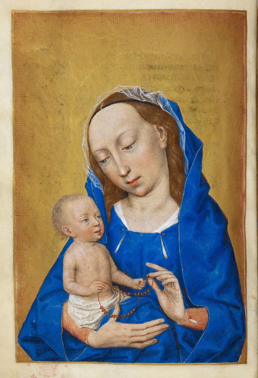 Jomfruens timer i advent. Jomfruen og barnet leker med et perlekjede. av Master of the Dresden Prayer Books