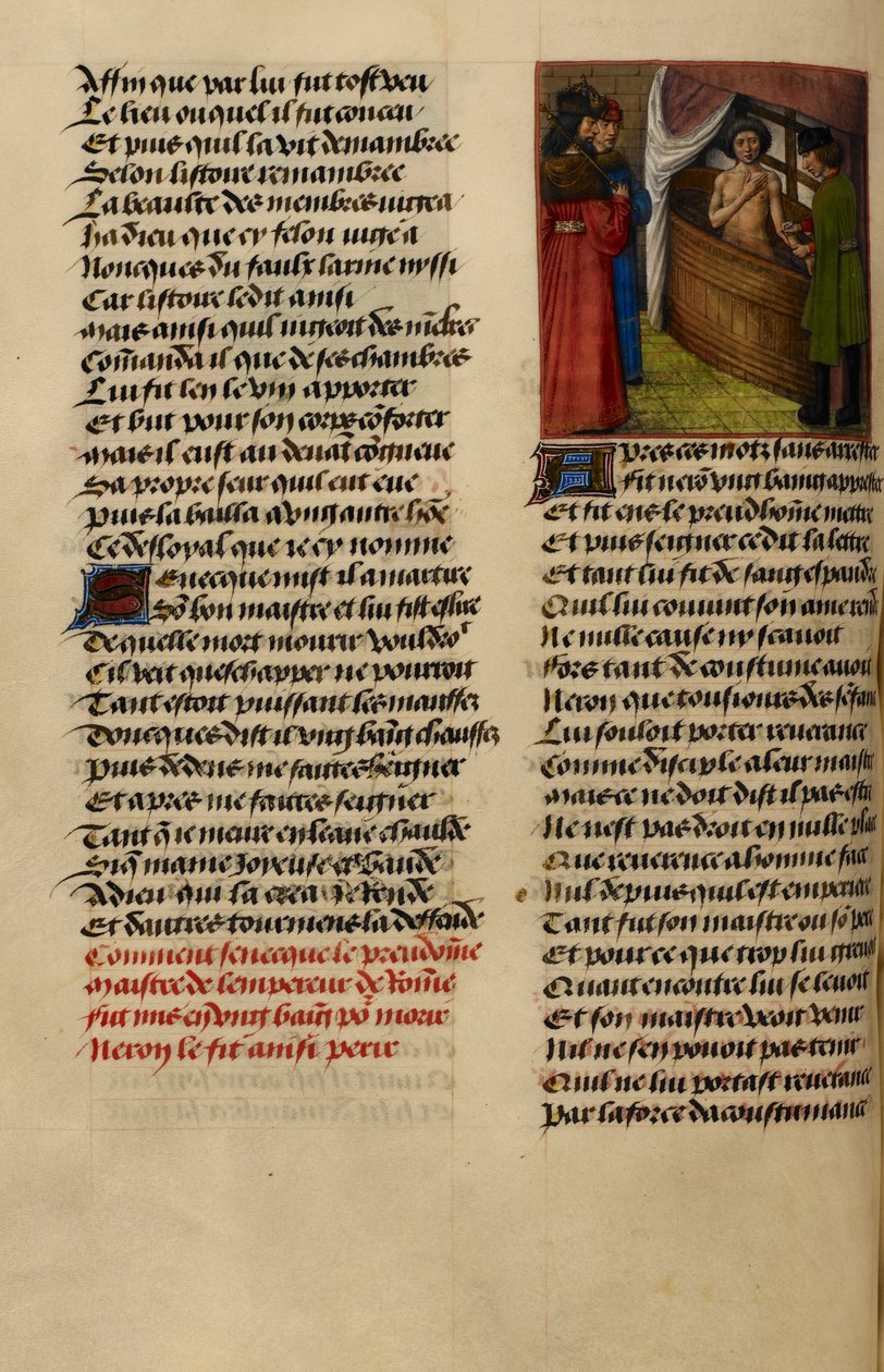 Miniatyr viser Nero som ser Senecas håndledd bli kuttet i badekaret hans fra «Le Roman de la Rose» av Master of the Dresden Prayer Books