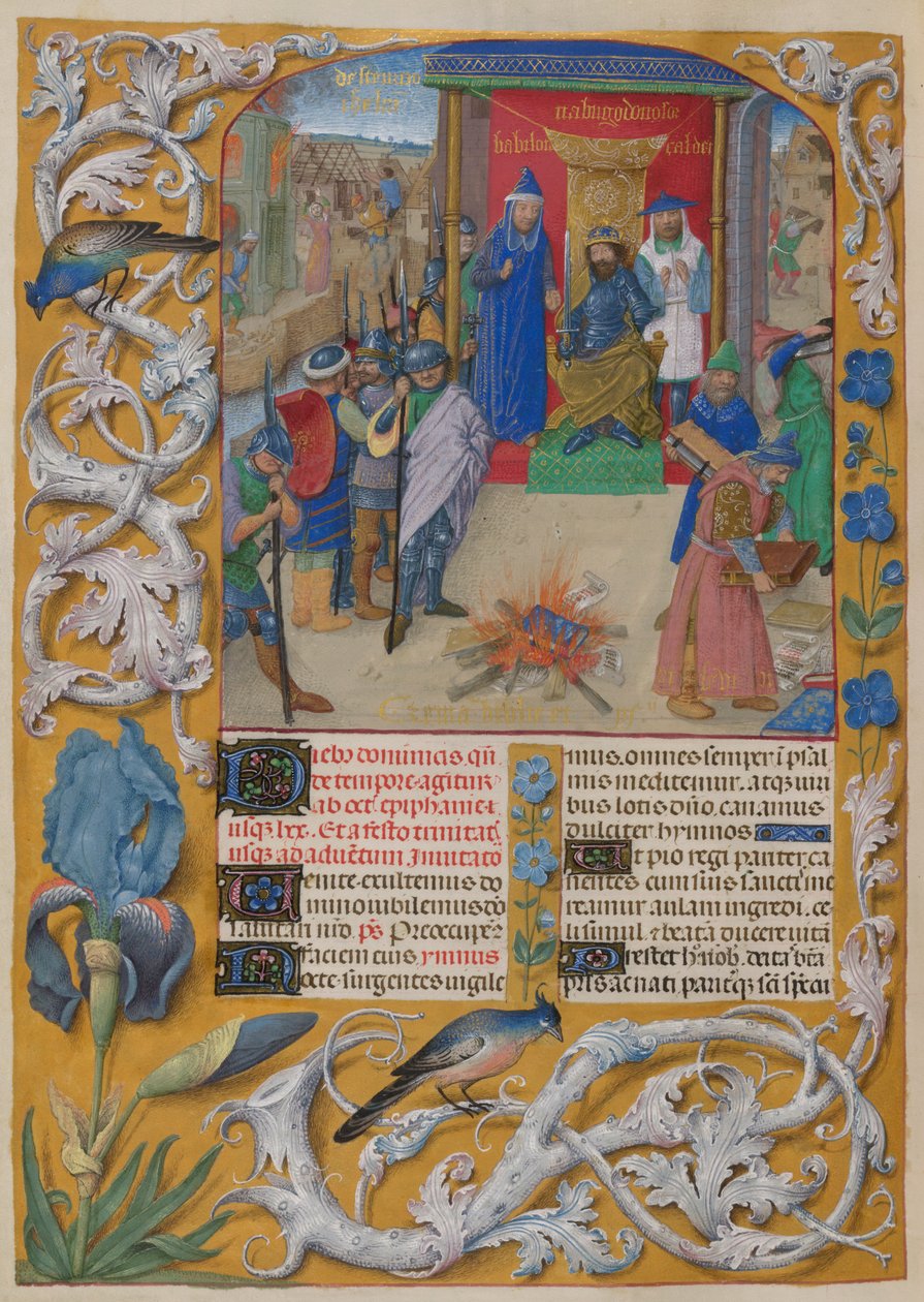 Nebukadnesar brenner bøkene. Psalter. Nebukadnesar presiderer over brenningen av bøker ved ødeleggelsen av Jerusalem. Salme 1. Kant av trompe l