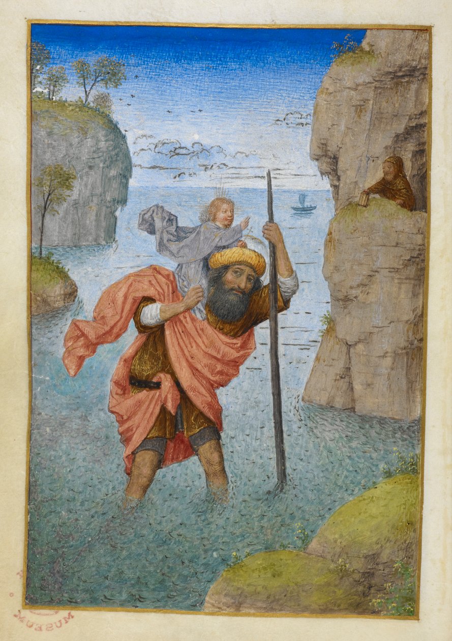 Den hellige Christopher bærer Kristusbarnet. av Master of the Dresden Prayer Books
