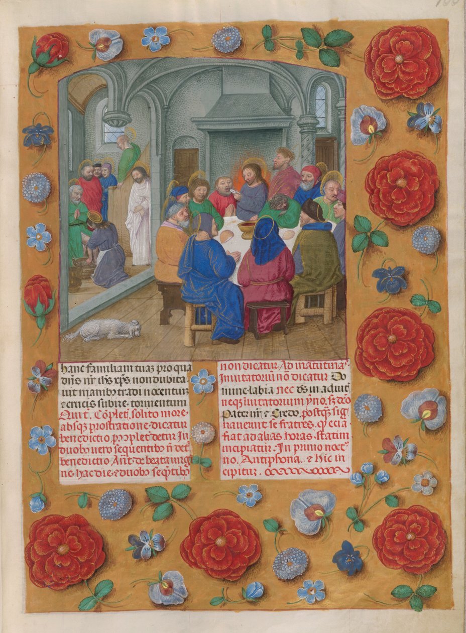 Temporale (1. porsjon: fra første søndag i advent til hellig lørdag). Nattverden (skjærtorsdag, Matins). Border med blomsterdekor. To kolonner med tekst. av Master of the Dresden Prayer Books