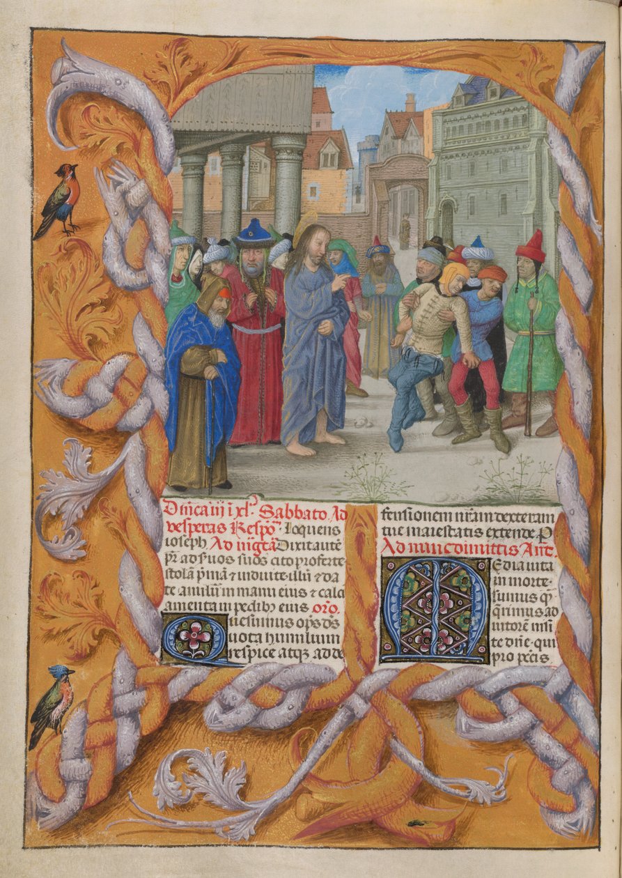 Temporale (1. porsjon: fra første søndag i advent til hellig lørdag). Kristus driver ut en stum djevel (tredje søndag i fasten). Kantlinje og to kolonner med tekst, med initialer. av Master of the Dresden Prayer Books
