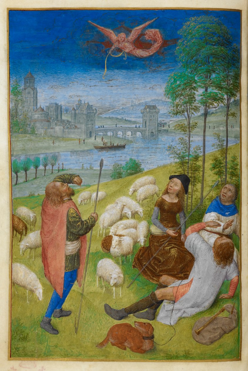Bebudelsen til hyrdene. av Master of the Dresden Prayer Books
