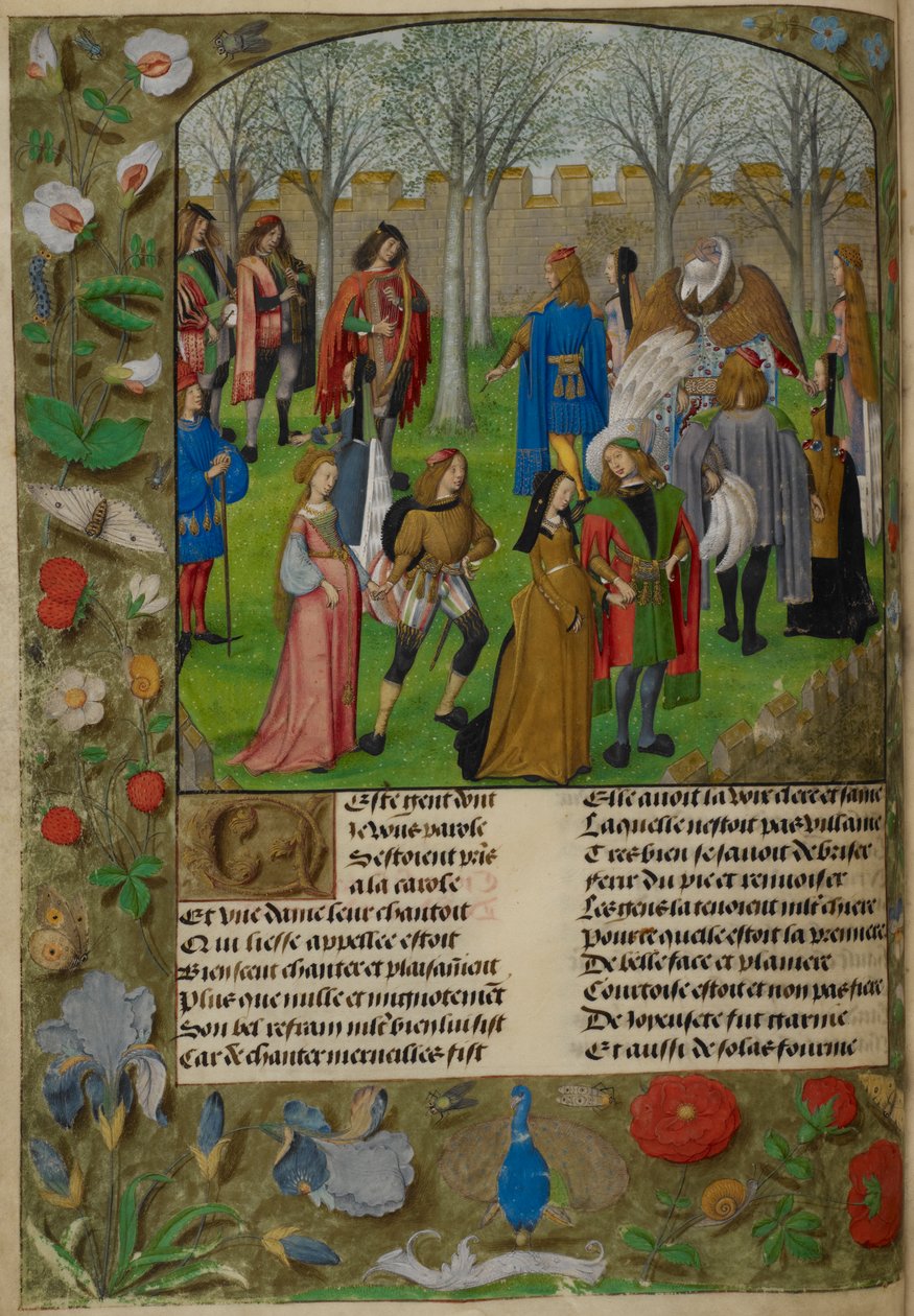 Carolle i hagen. The Lover er invitert til å danse med en gruppe par ledet av Sir Mirth og Lady Gladness., fra 