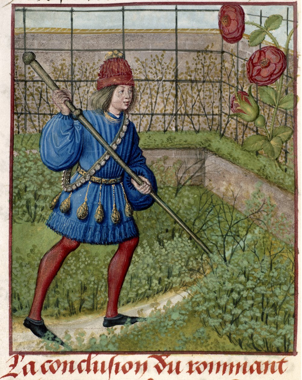Elskeren, i hagen, pleier rosen. av Master of the Dresden Prayer Books