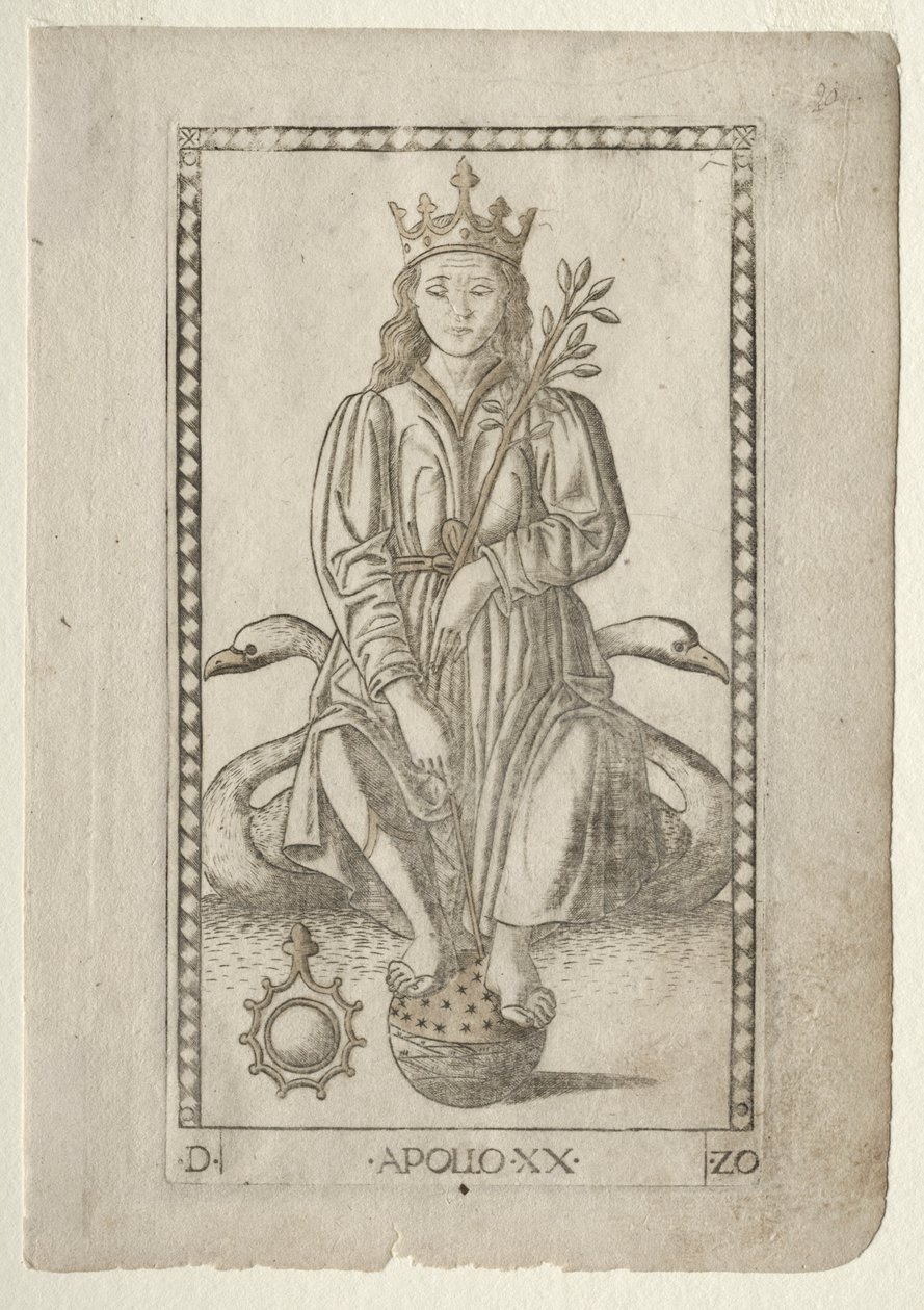 Apollo fra Tarocchi, serie D: Apollo and the Muses, #20, før 1467. av Master of the E-Series Tarocchi