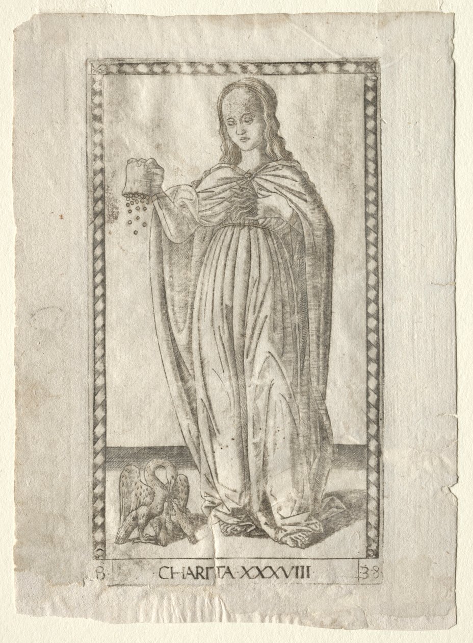 Veldedighet fra Tarocchi, serie B: Cosmic Principles & Virtues, #38, før 1467. av Master of the E Series Tarocchi