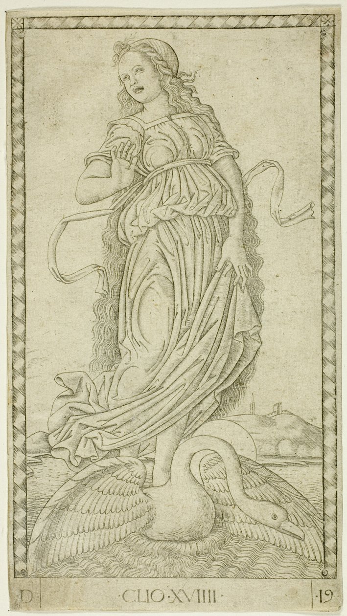 Clio, plate nitten fra Apollo and the Muses av Master of the E Series Tarocchi