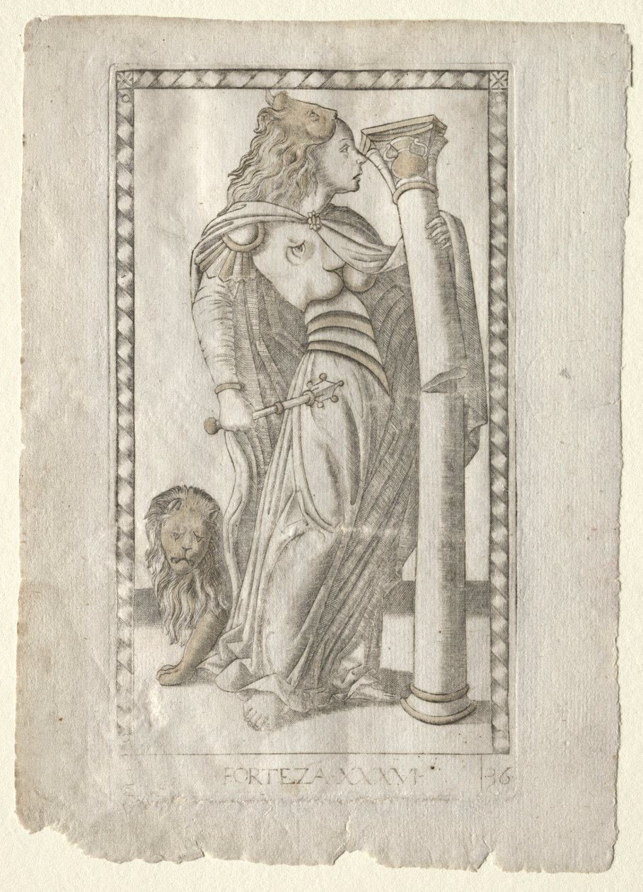 Forteza fra Tarocchi, serie B: Cosmic Principles & Virtues, #36, før 1467. av Master of the E Series Tarocchi
