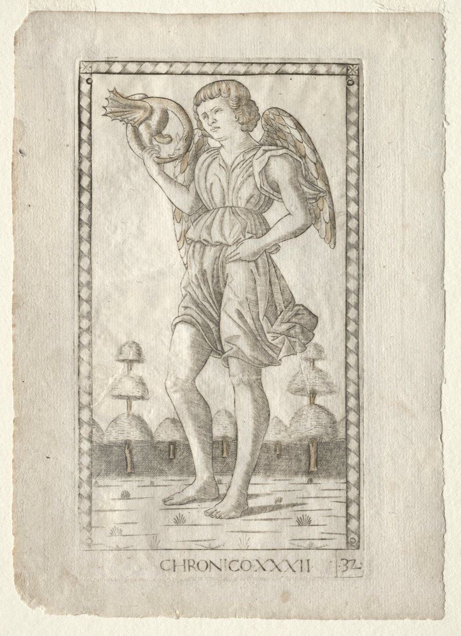 Genius of Time fra Tarocchi, serie B: Cosmic Principles & Virtues, #32, før 1467. av Master of the E Series Tarocchi