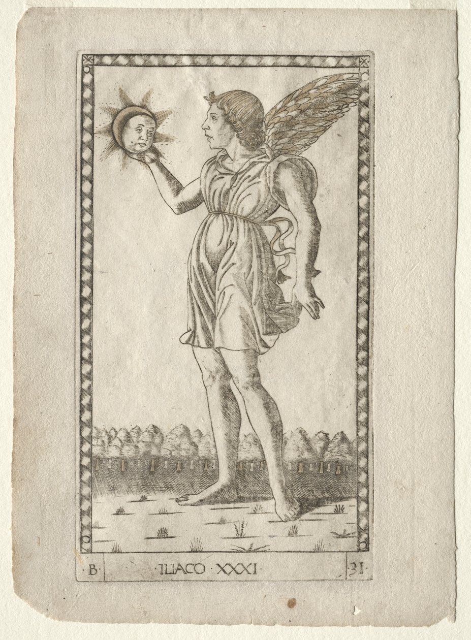 Genius of the Sun fra Tarocchi, serie B: Cosmic Principles & Virtues, #31, før 1467. av Master of the E Series Tarocchi