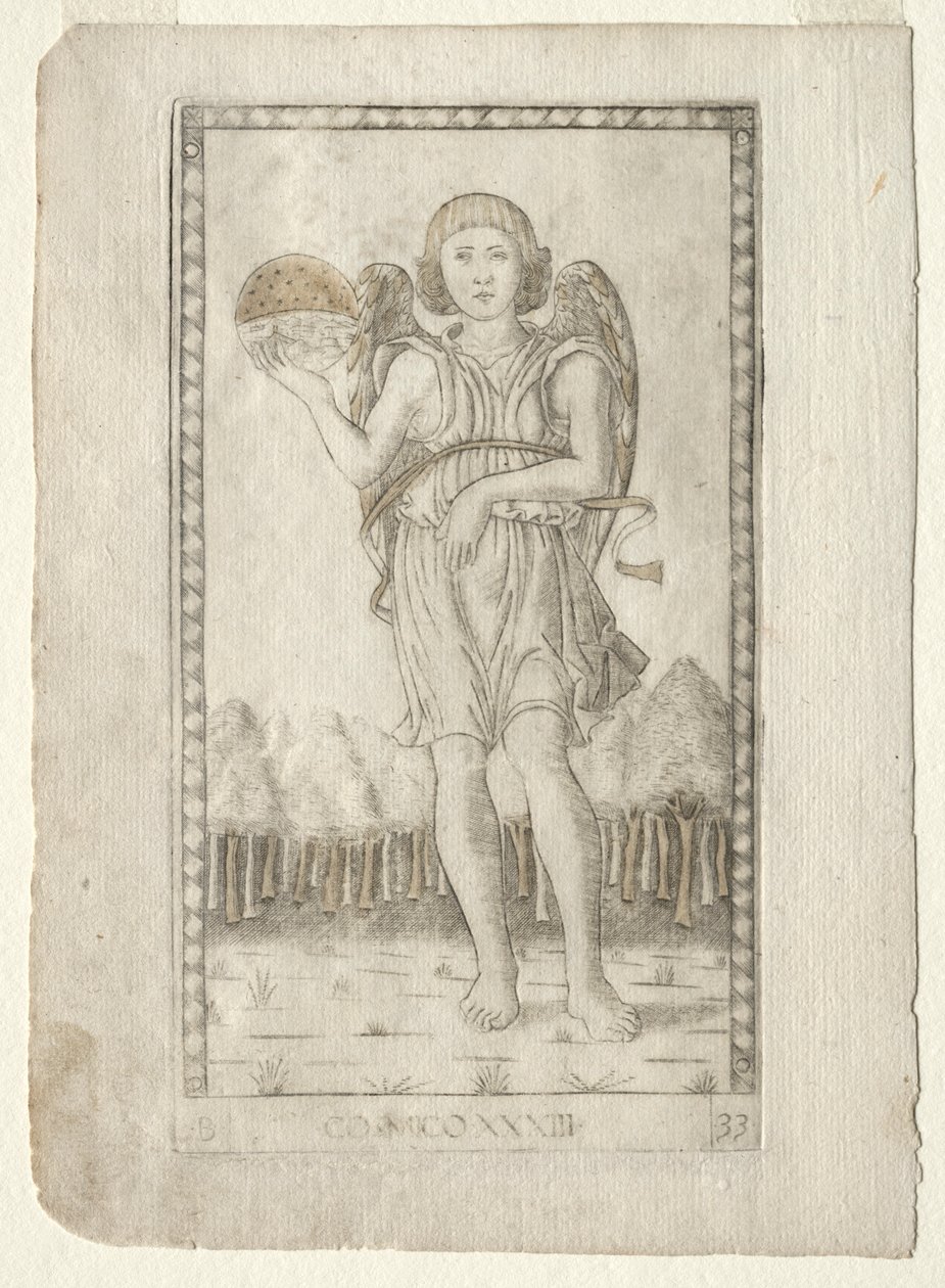 Genius of the World fra Tarocchi, serie B: Cosmic Principles & Virtues, #33, før 1467. av Master of the E Series Tarocchi