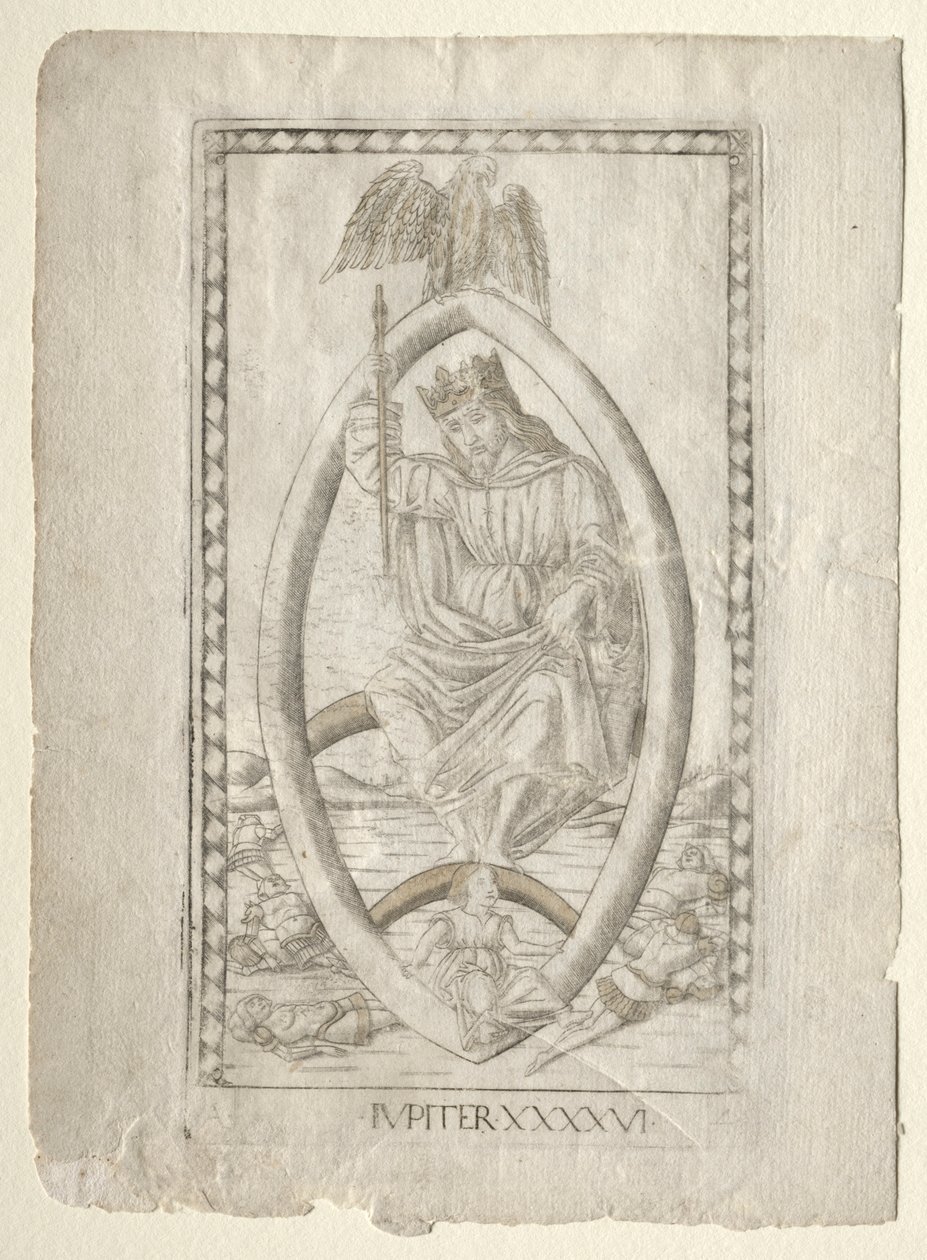 Jupiter fra Tarocchi, serie A: Firmaments of the Universe, #46, før 1467. av Master of the E Series Tarocchi