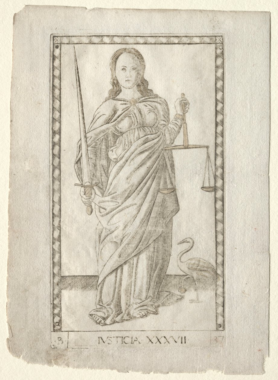 Rettferdighet fra Tarocchi, serie B: Cosmic Principles & Virtues, #37, før 1467. av Master of the E Series Tarocchi