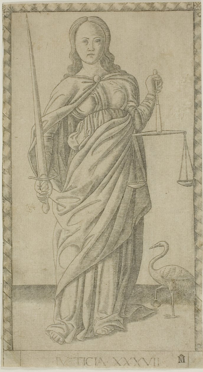 Justice, plate 37 fra Genii and Virtues av Master of the E Series Tarocchi