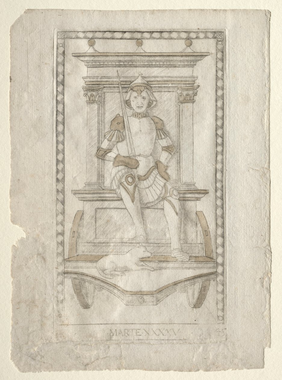 Mars fra Tarocchi, serie A: Firmaments of the Universe, #45, før 1467. av Master of the E Series Tarocchi