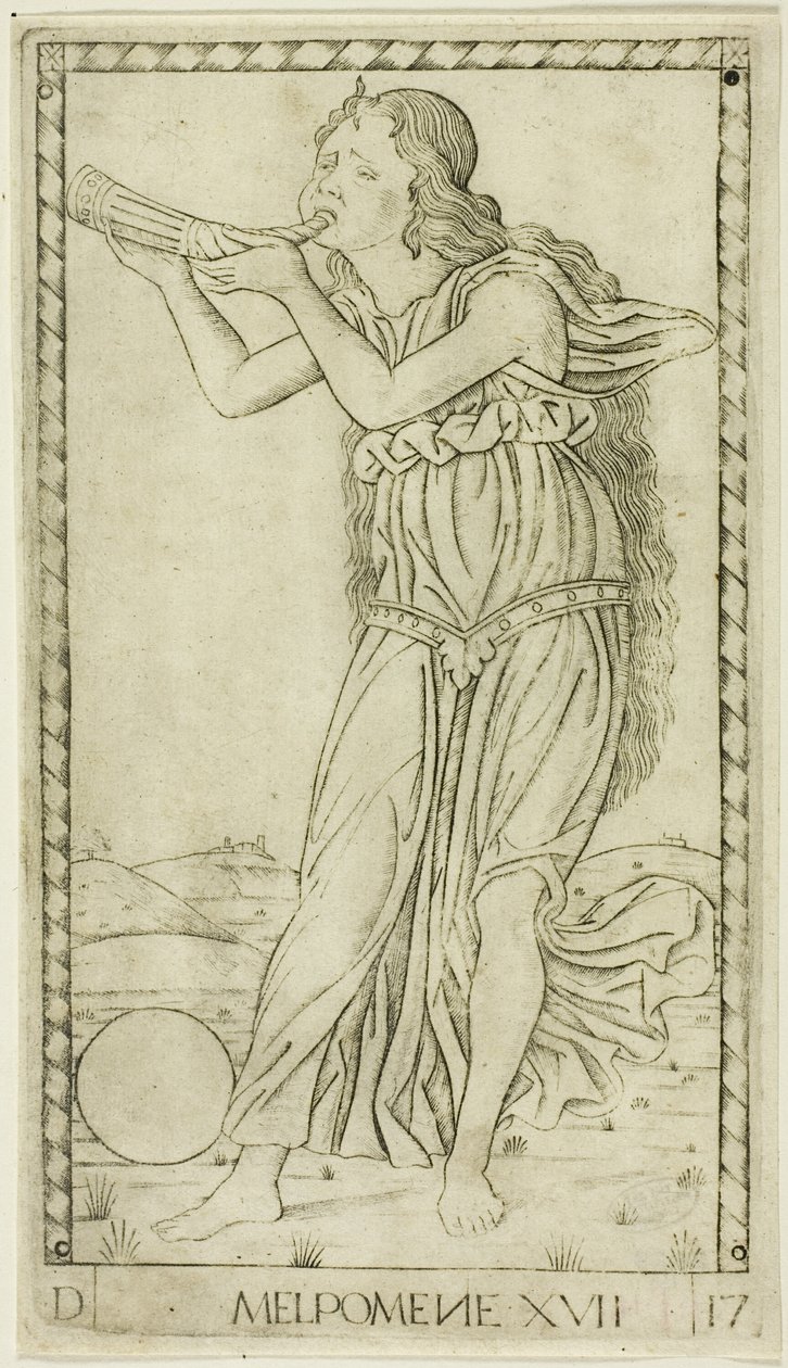 Melpomene, plate sytten fra Apollo and the Muses av Master of the E Series Tarocchi