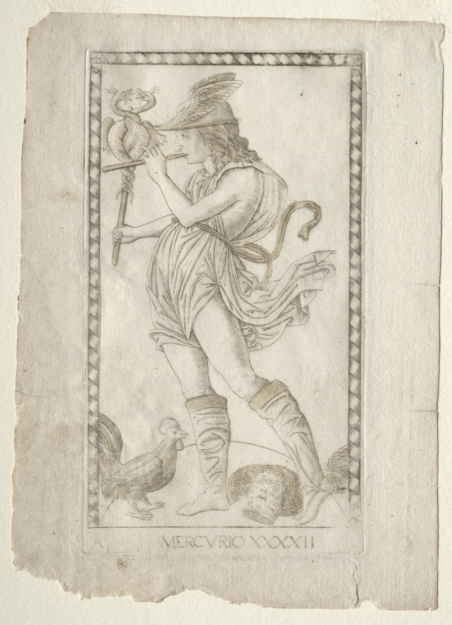 Mercury from the Tarocchi, serie A: Firmaments of the Universe, #42, før 1467. av Master of the E Series Tarocchi