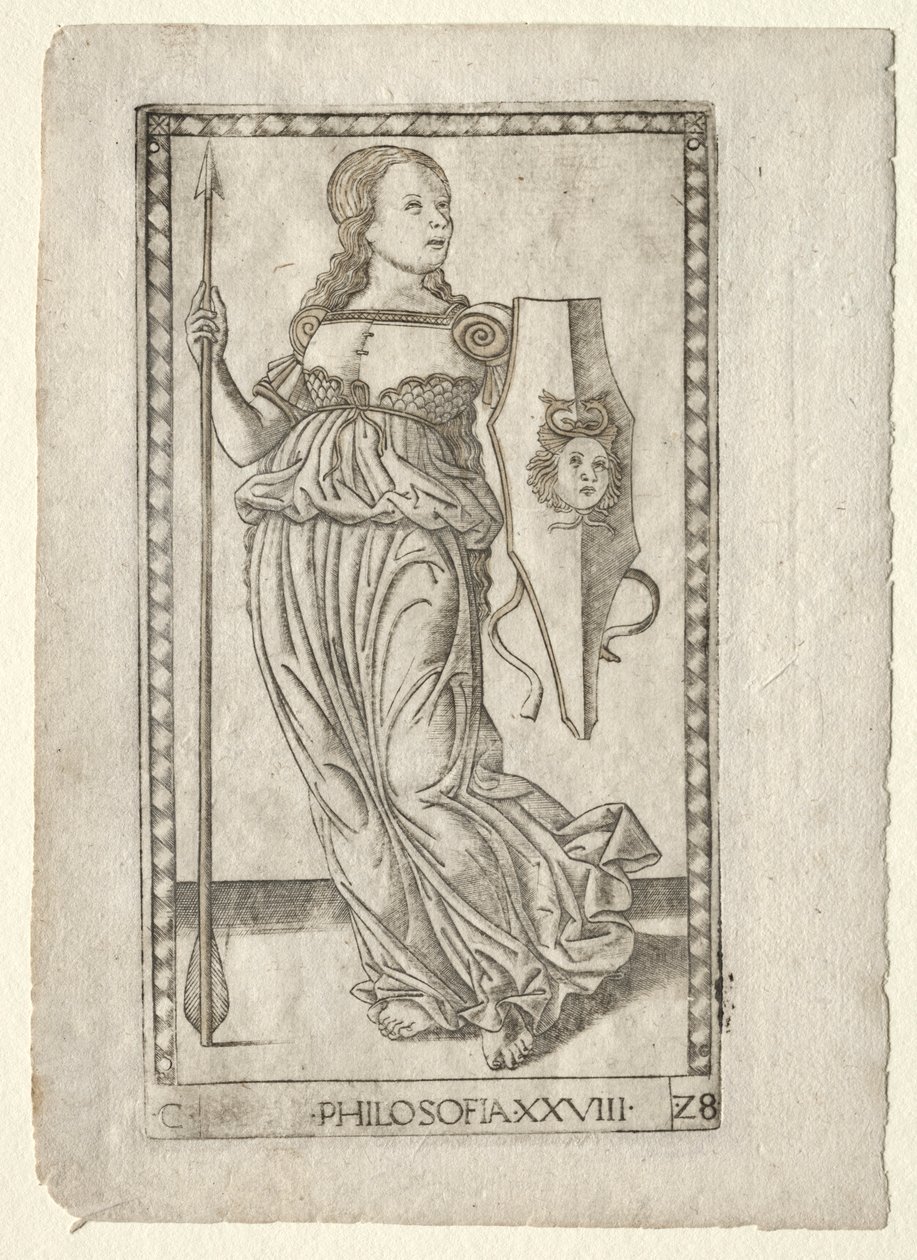 Filosofi fra Tarocchi, serie C: Liberal Arts, #28, før 1467. av Master of the E Series Tarocchi
