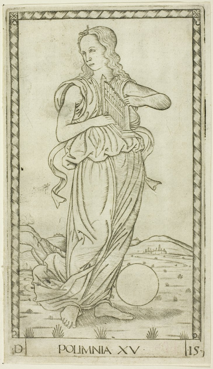 Polyhymnia, plate femten fra Apollo and the Muses av Master of the E Series Tarocchi