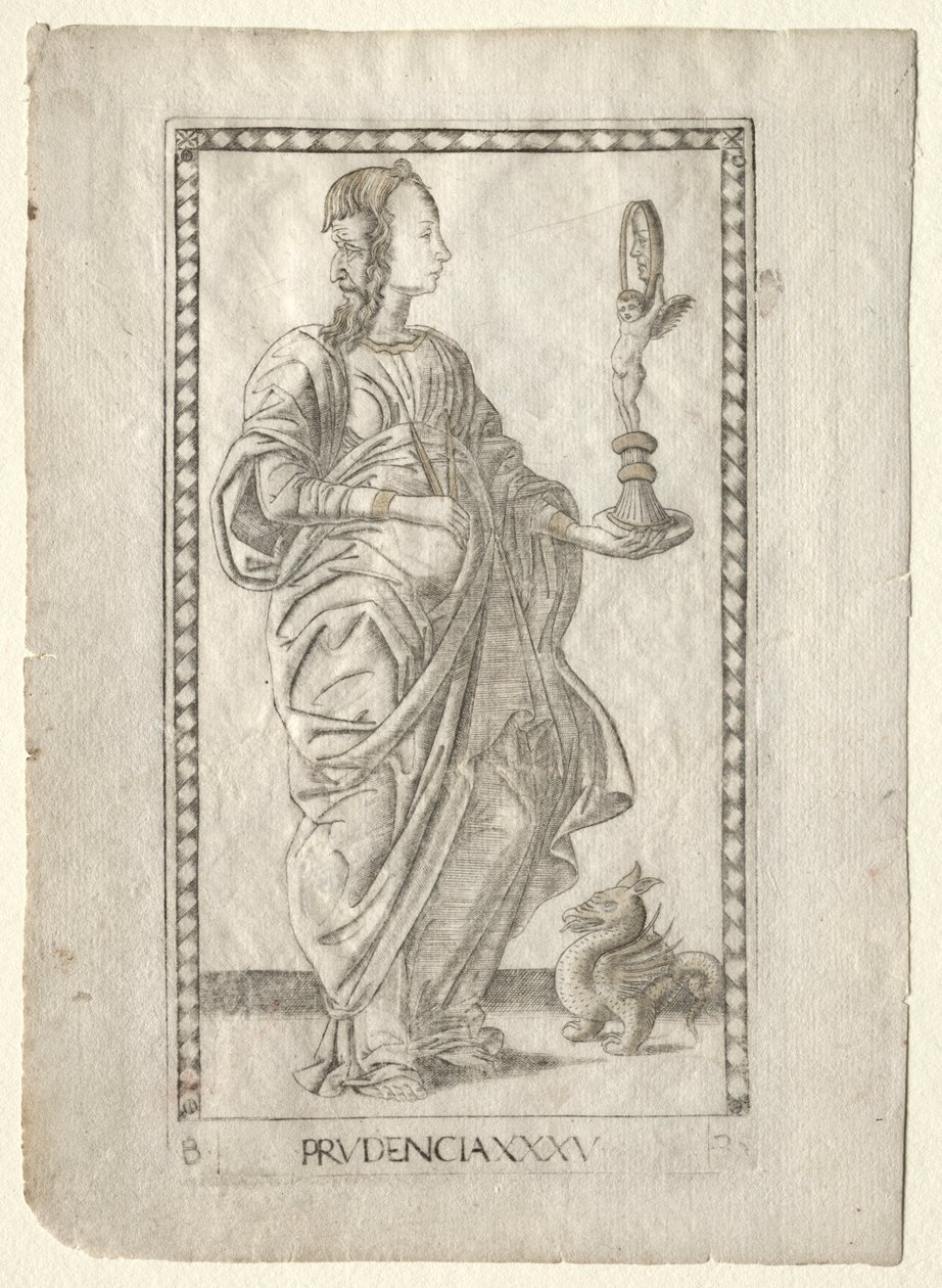 Prudence fra Tarocchi, serie B: Cosmic Principles & Virtues, #35, før 1467. av Master of the E Series Tarocchi