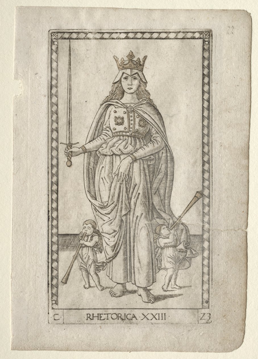 Retorikk fra Tarocchi, serie C: Liberal Arts, #23, før 1467. av Master of the E Series Tarocchi