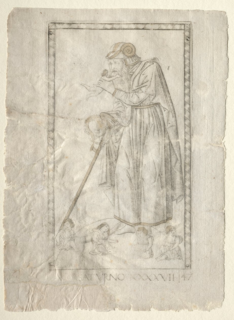 Saturn fra Tarocchi, serie A: Firmaments of the Universe, #47, før 1467. av Master of the E Series Tarocchi