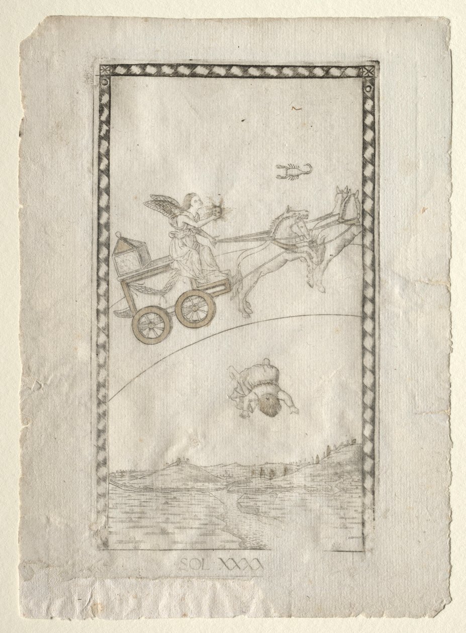 Sun from the Tarocchi, serie A: Firmaments of the Universe, #44, før 1467. av Master of the E Series Tarocchi